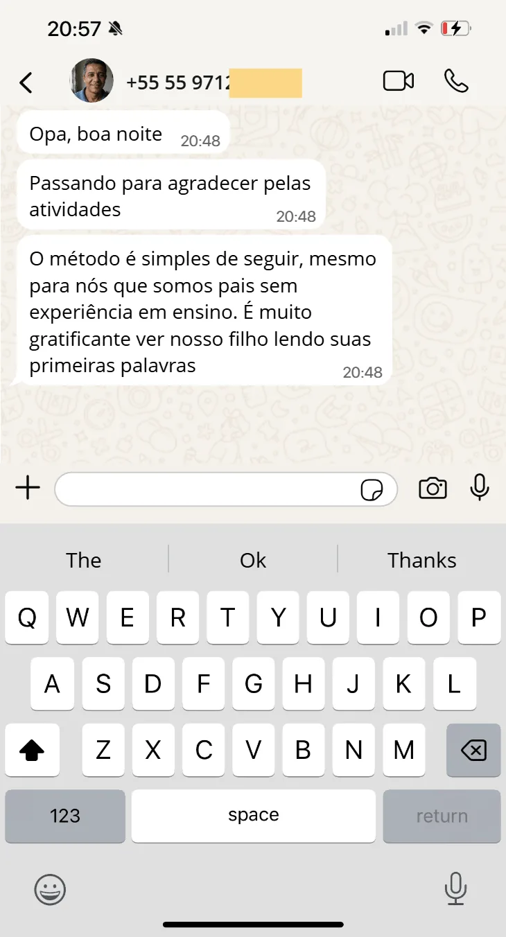 Mensagem de mãe no WhatsApp elogiando as atividades