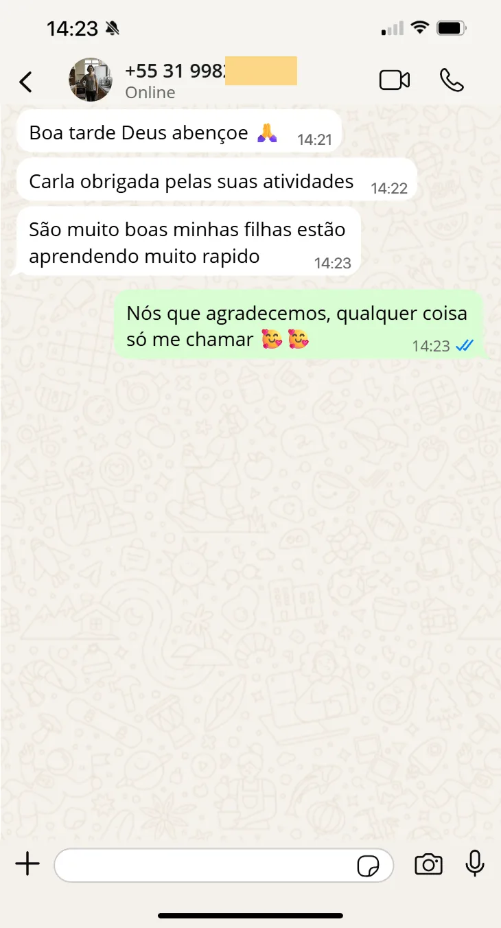 Mensagem sobre a evolução da criança na leitura